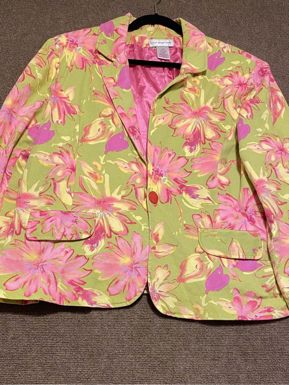 Susan Graver Style 24W Floral Blazer Jacket Pink Green Cotton Stretch Lined